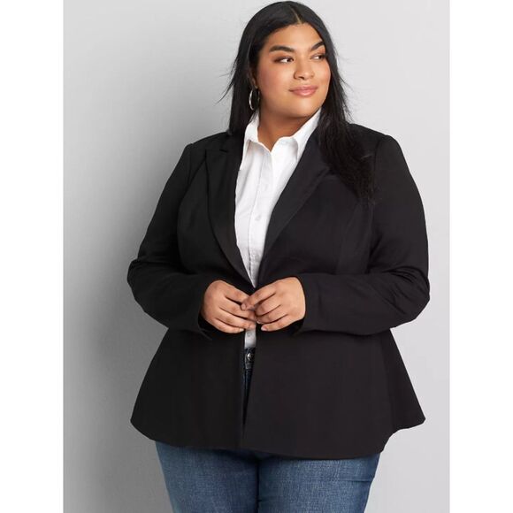 LANE BRYANT Black Plus Sz 28 Ponte Peplum Blazer Suit Jacket Satin Lapel NEW NWT - Picture 1 of 5